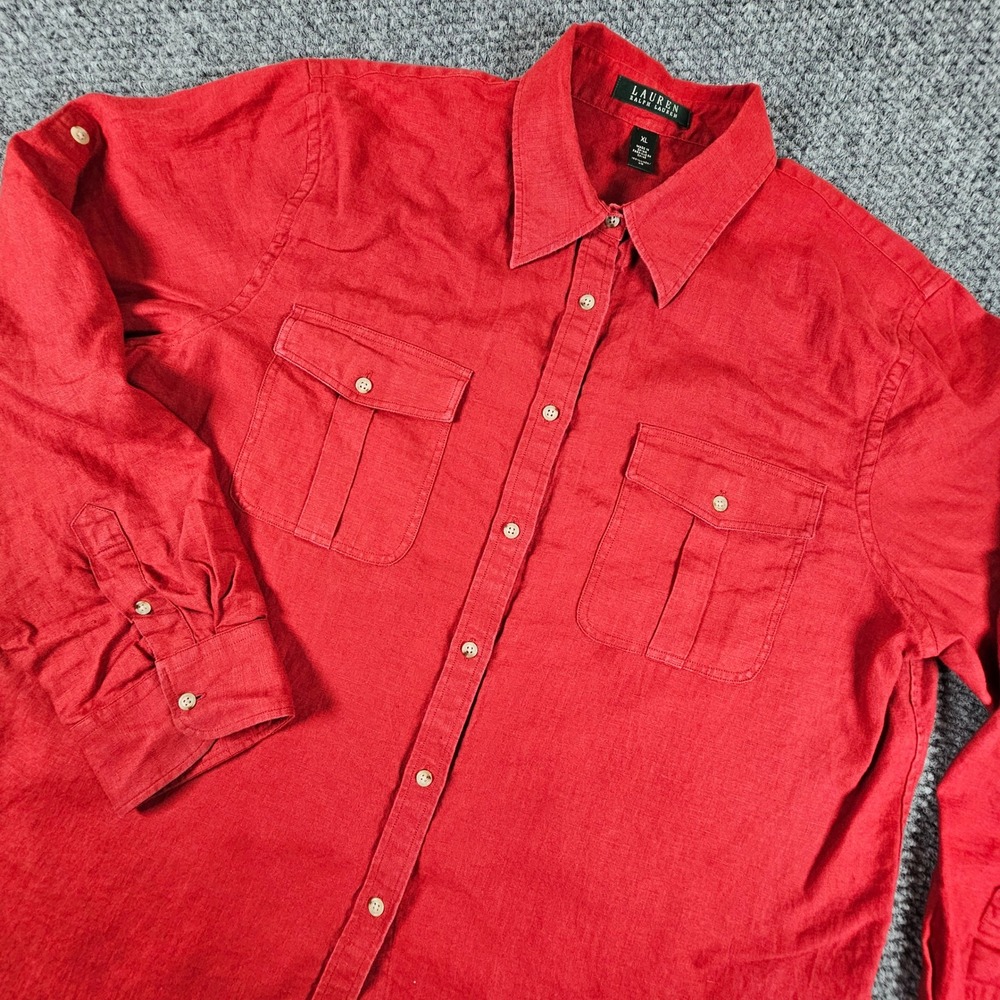 Lauren Ralph Lauren 100% Linen Button‎ Down Shirt Womens XL Long Sleeve Pockets